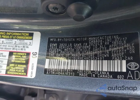 2017 Toyota Corolla Le z USA, uszkodzony, nr VIN 2T1BURHE4HC953491